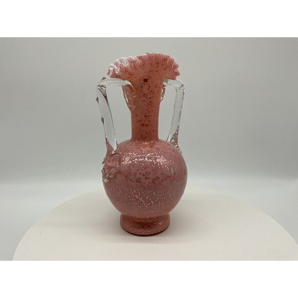 Stevens And Williams VTG Pink Cased Glass Blown Vase w/Thorn Handles Mica Flakes - Picture 8 of 16